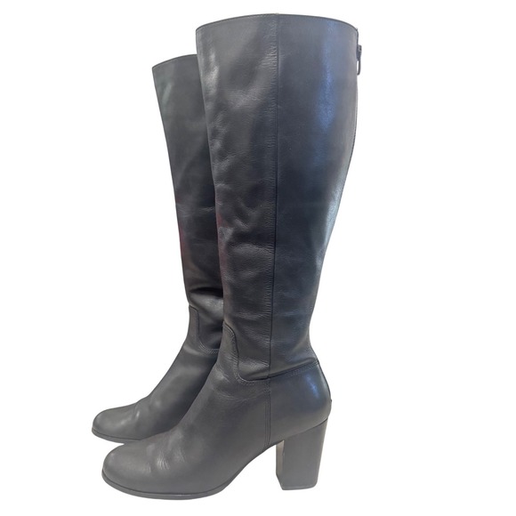 Cole Haan Black Leather Knee High Boots Block Heel Zipper Size 8B - Picture 1 of 13